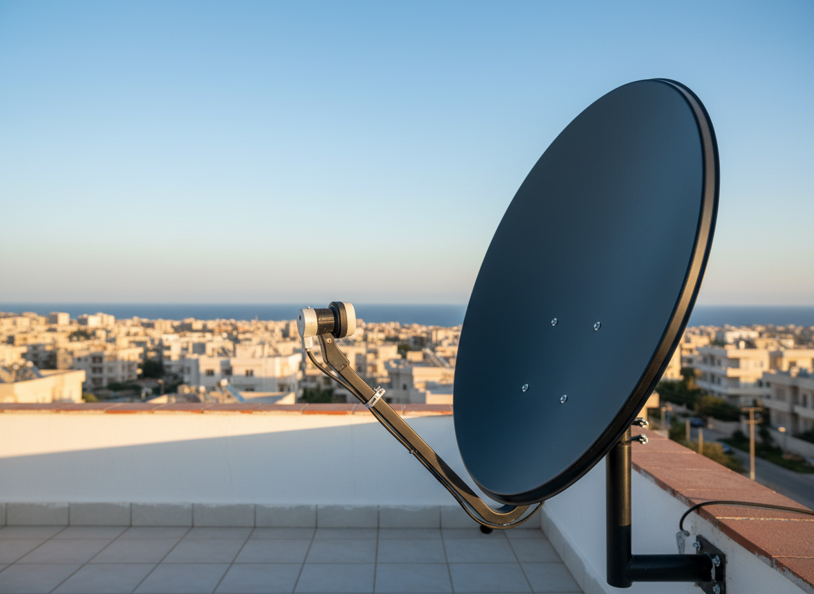 A sleek black satellite dish with a high-gloss finish, precisely mounted on the edge of a white rooftop in Girne, pointing toward a clear Mediterranean sky. The metallic arm and LNB head are rendered with crisp detail, showing tiny adjustment screws and coaxial cable neatly clipped along the base. Soft late-afternoon sunlight creates subtle reflections on the curved dish surface and gentle shadows on the rooftop tiles. In the distant, slightly blurred background, low city buildings and blue sea horizon are visible. Photographic realism, shot at eye level with a slightly wide angle, sharp focus on the dish and a mild bokeh background, conveying a professional, reliable, and modern technology service atmosphere.