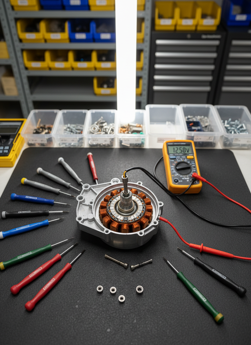 A close-up, overhead view of a technician’s workbench dedicated to scooter repair, covered with a dark, non-reflective mat. On it lies a partially disassembled electric scooter motor, precision screwdrivers, a multimeter with slim red and black probes, and neatly sorted small components in transparent containers. Neutral-white workshop lighting from above creates clear, shadow-free visibility on every detail, highlighting metallic textures, copper windings, and fine screw threads. The background fades into a soft blur of stored parts bins and labeled drawers, maintaining focus on the repair zone. Photographic realism, composed with symmetrical balance and sharp focus, communicates meticulous service, technical expertise, and trustworthy repair capabilities.