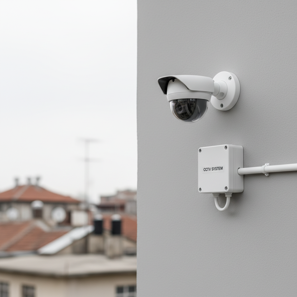 A neat, wall-mounted CCTV security camera system on a clean light-gray exterior wall in Lefkoşa, featuring a compact white dome camera and a small, labeled junction box with tidy cable management running in a straight conduit. The lens housing is crystal clear, with fine reflections of the urban street implied in the glass. Overcast daylight provides even, diffused lighting, minimizing harsh shadows and emphasizing the precision of the installation. The composition follows the rule of thirds, with the camera placed on the upper right, while the lower left shows a softly blurred suggestion of city rooftops and antennas. Photographic realism, calm and trustworthy mood, highlighting meticulous, professional camera installation services.