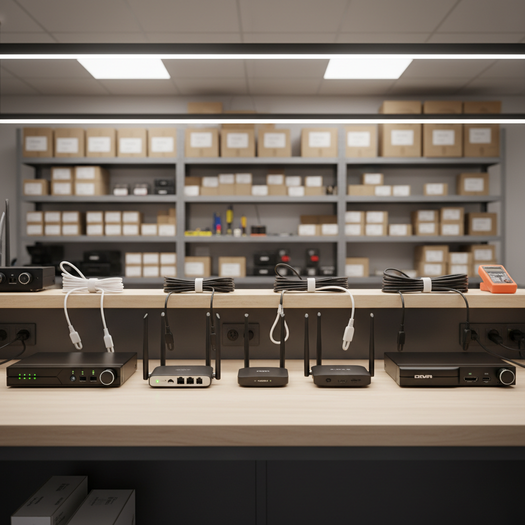 A well-organized small electronics workshop counter displaying a variety of satellite receivers, compact Wi-Fi routers, and DVR units for security cameras, all in matte black and silver finishes, set on a smooth wooden workbench. Each device has neatly coiled cables and labeled ports facing the viewer, with tiny LED indicators softly glowing green and blue. Overhead neutral-white LED lighting illuminates the scene evenly, creating clean reflections and minimal shadows. Behind the bench, metal shelving with clearly arranged boxes and tools is visible but slightly out of focus. Shot from a slightly elevated angle with sharp focus on the front row of devices, the photographic realism and clean, modern aesthetic communicate professionalism, order, and a comprehensive range of electronic products.