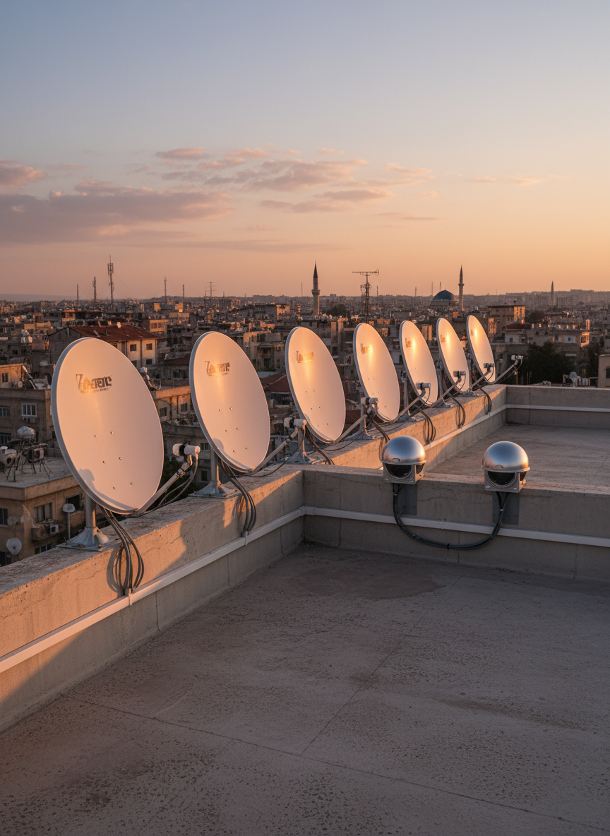 A rooftop panorama at sunset in Lefkoşa showing several professionally aligned satellite dishes and a pair of compact CCTV cameras securely mounted along the parapet. Each dish has clean, white surfaces and precisely angled arms, with cables running in neat conduits along the edge of the roof. The golden hour light bathes the scene in warm tones, creating long, soft shadows and subtle reflections on metal brackets. In the distance, a layered cityscape with antennas and low buildings is visible but gently blurred. Photographic realism, captured from a slightly elevated corner angle, with strong depth and a calm, confident mood, illustrating large-scale, orderly satellite and camera installations.