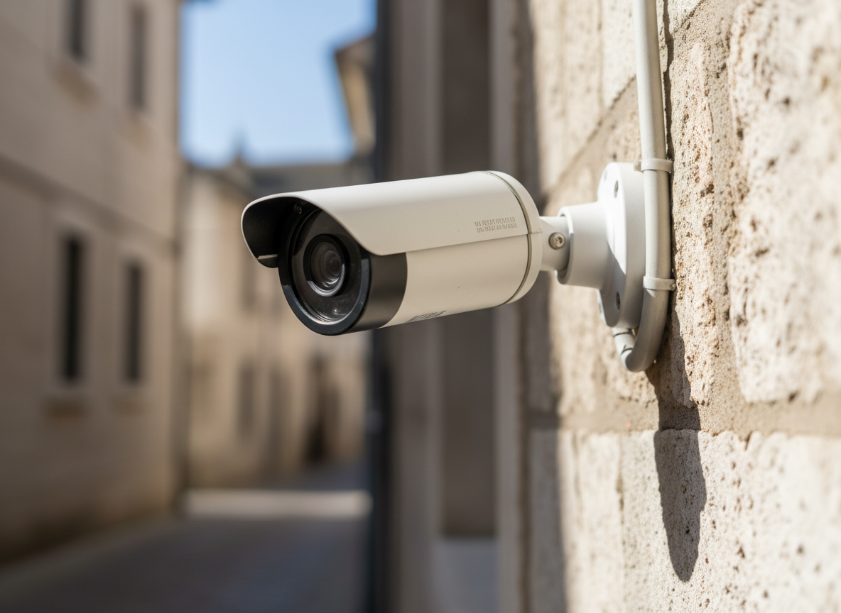 A detailed close-up of a white bullet CCTV camera mounted on the corner of a building facade, overlooking a narrow street in Girne, framed so only the architectural edges and sky are implied. The camera housing shows tiny manufacturing details, including a metal sun shield and weatherproof seal around the lens. The coaxial and power cables are enclosed in a slim, light-gray conduit running cleanly along the wall. Clear daytime sunlight from the side creates defined but not harsh shadows, emphasizing the robust construction. Photographic realism with a shallow depth of field keeps the camera in razor-sharp focus while the street below is a soft blur, conveying precise, vigilant security coverage.