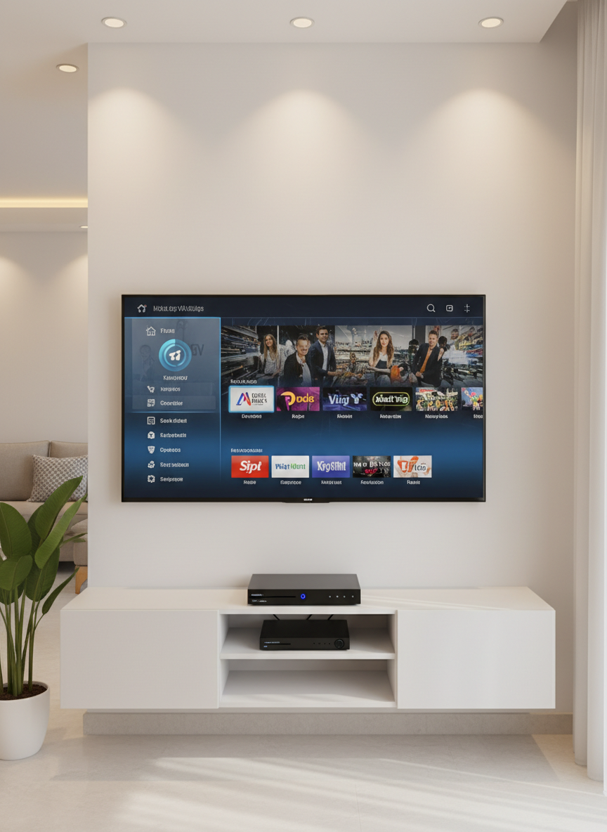 A modern home entertainment corner in a living room in Girne, featuring a wall-mounted flat-screen TV displaying a sharp satellite TV interface, with a slim black satellite receiver and compact DVR neatly aligned on a low, white media console. Cables are fully concealed, and a small LED indicator glows softly on the receiver. Warm ambient ceiling lighting combines with soft daylight from a side window, creating a cozy yet high-tech atmosphere with gentle shadows under the console. Minimalist decor, including a potted plant and clean white walls, stays lightly blurred in the background. Photographic realism with an eye-level, straight-on composition, projecting a professional, tidy, and user-friendly installation service.