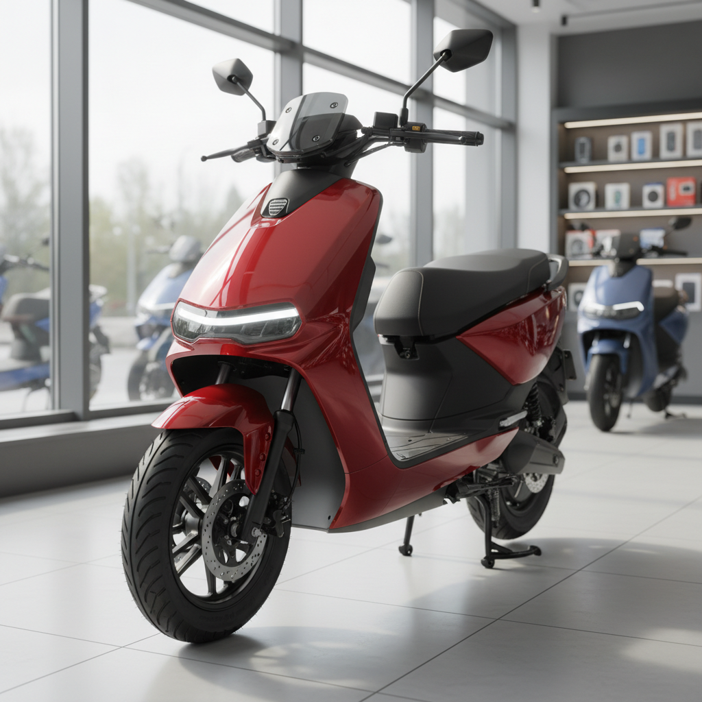 A glossy electric scooter in metallic red with black accents, parked on a spotless light-gray tiled showroom floor, positioned at a three-quarter angle to showcase its aerodynamic front panel, LED headlight strip, and digital display on the handlebar. The scooter’s tires are pristine, with detailed tread visible, and the side stand rests solidly on the floor. Large glass windows in the background let in bright but diffused daylight, which gently highlights the contours of the scooter and casts a soft, elongated shadow. Additional scooters and electronic accessories are visible as blurred silhouettes on wall-mounted racks. Photographic realism with a clean, modern mood, emphasizing quality scooter sales in a professional environment.