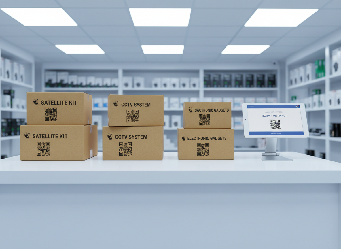 An organized service counter for online order pickup, featuring a clean white desk with several labeled cardboard boxes containing satellite kits, CCTV systems, and small electronic gadgets, each with clear printed barcodes and the metasatgirne logo on the side. A tablet stand on the desk displays a minimalist order-confirmation screen. Cool, bright LED panel lights from the ceiling create even illumination and crisp shadows along box edges. The background includes shelves with more packaged products, slightly out of focus to keep attention on the pickup area. Photographic realism, shot at eye level with a balanced composition, conveying efficiency, reliability, and a modern approach to online sales and service requests.